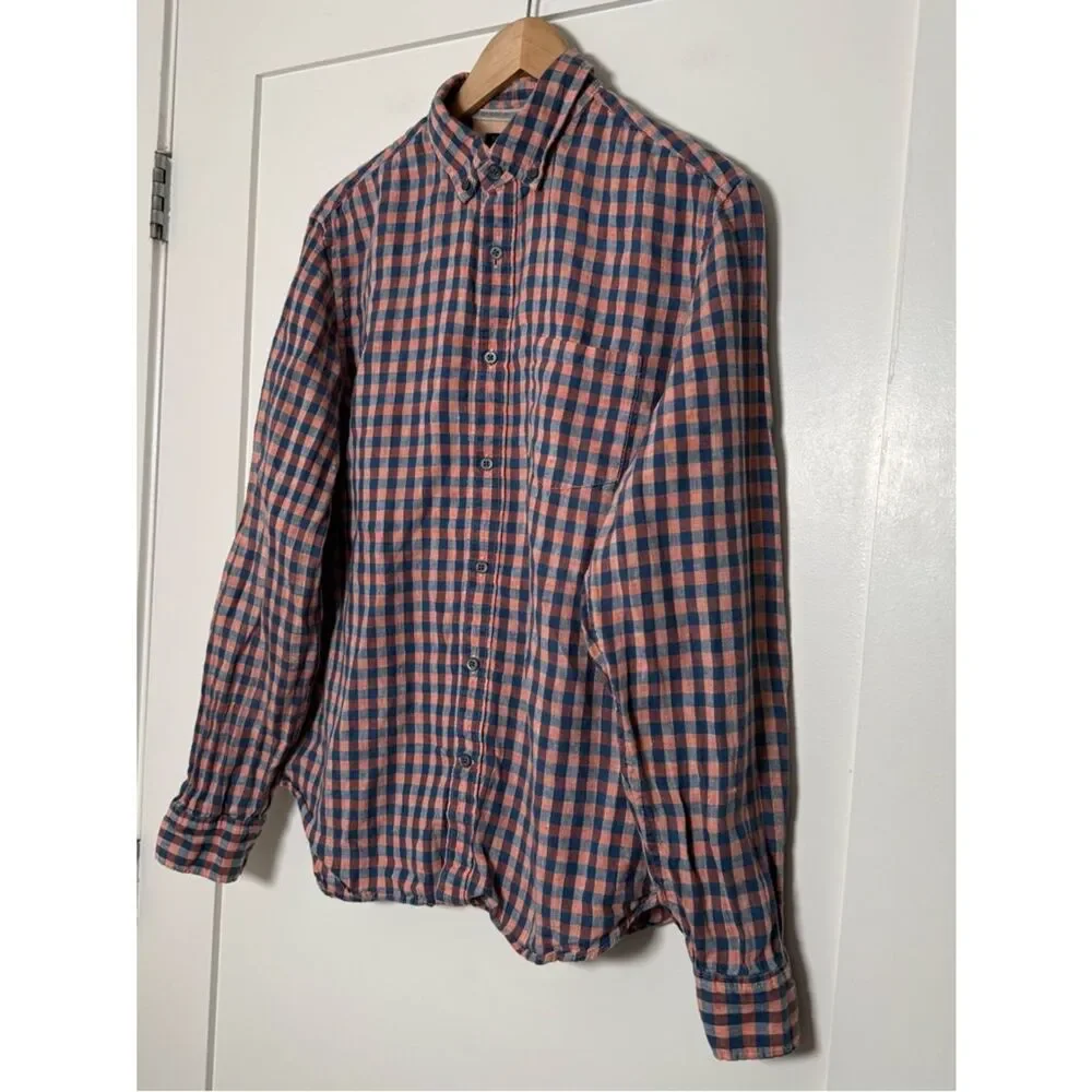 Banana Republic Camden Fit Shirt Men Sz M Blue Pink Check 100% Linen Long Sleeve